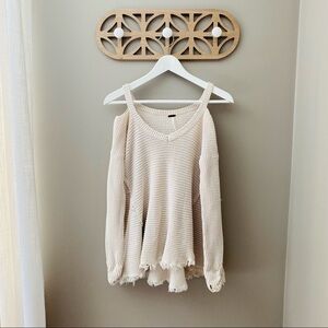 Free People Cold Shoulder Waffle Knit Sweater Cream Sz XS